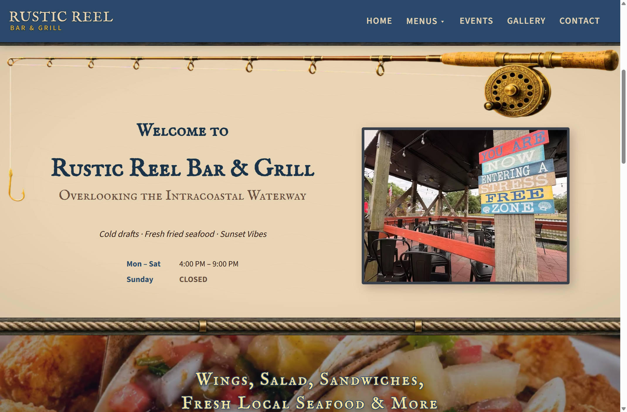 Rustic Reel welcome section with hours