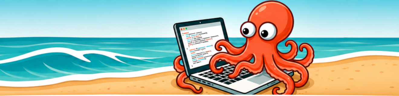 Oggie the Octopus with his laptop on the beach