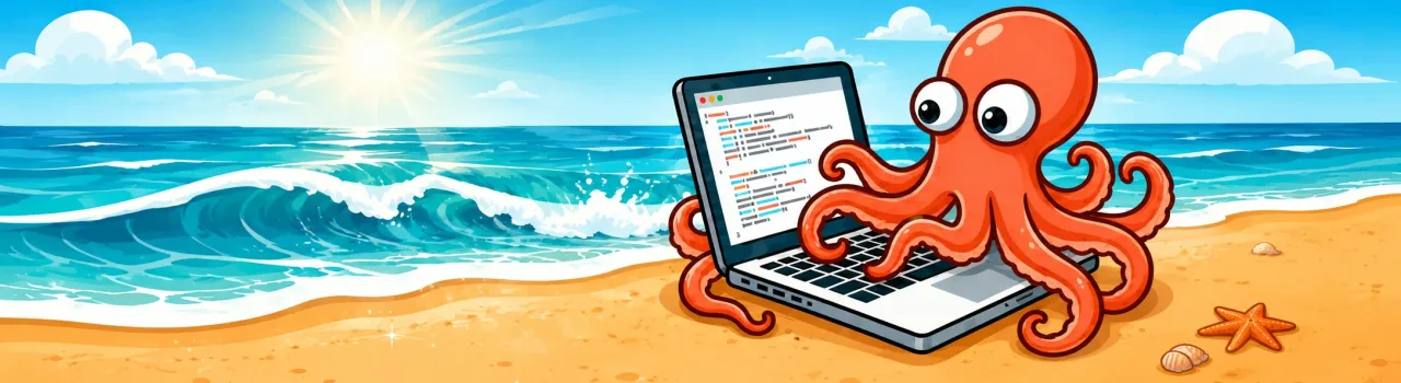 Oggie the Octopus with his laptop on the beach